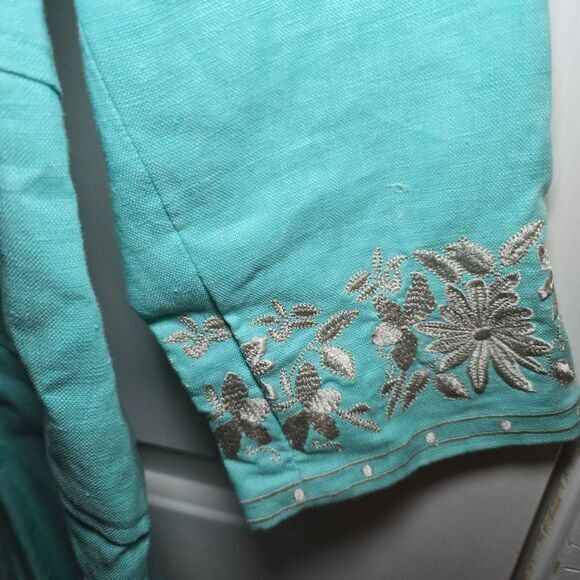 J. Jill 100% Linen Embroidered Duster Jacket Turquoise Aqua Blue Women's Size XS - Picture 6 of 15